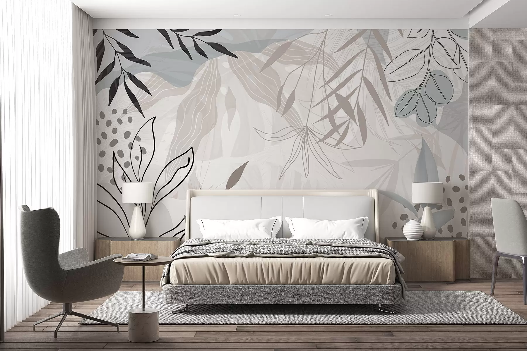 Fototapet Abstraktní květinový moderní design s pastelově béžovými, šedými, modrými a černými listy, jemnými čarami a měkkým pozadím  w09105