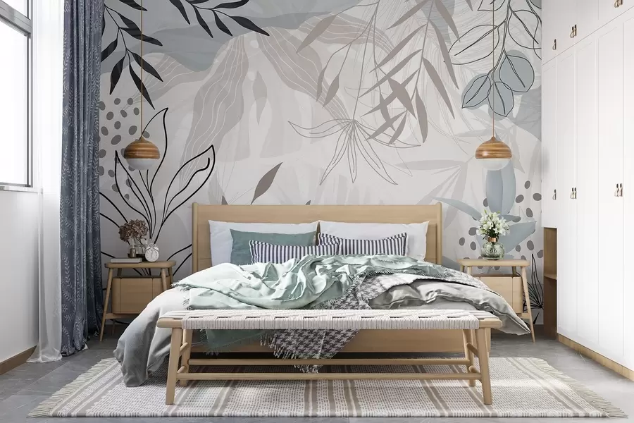 Fototapet Abstraktní květinový moderní design s pastelově béžovými, šedými, modrými a černými listy, jemnými čarami a měkkým pozadím  w09105