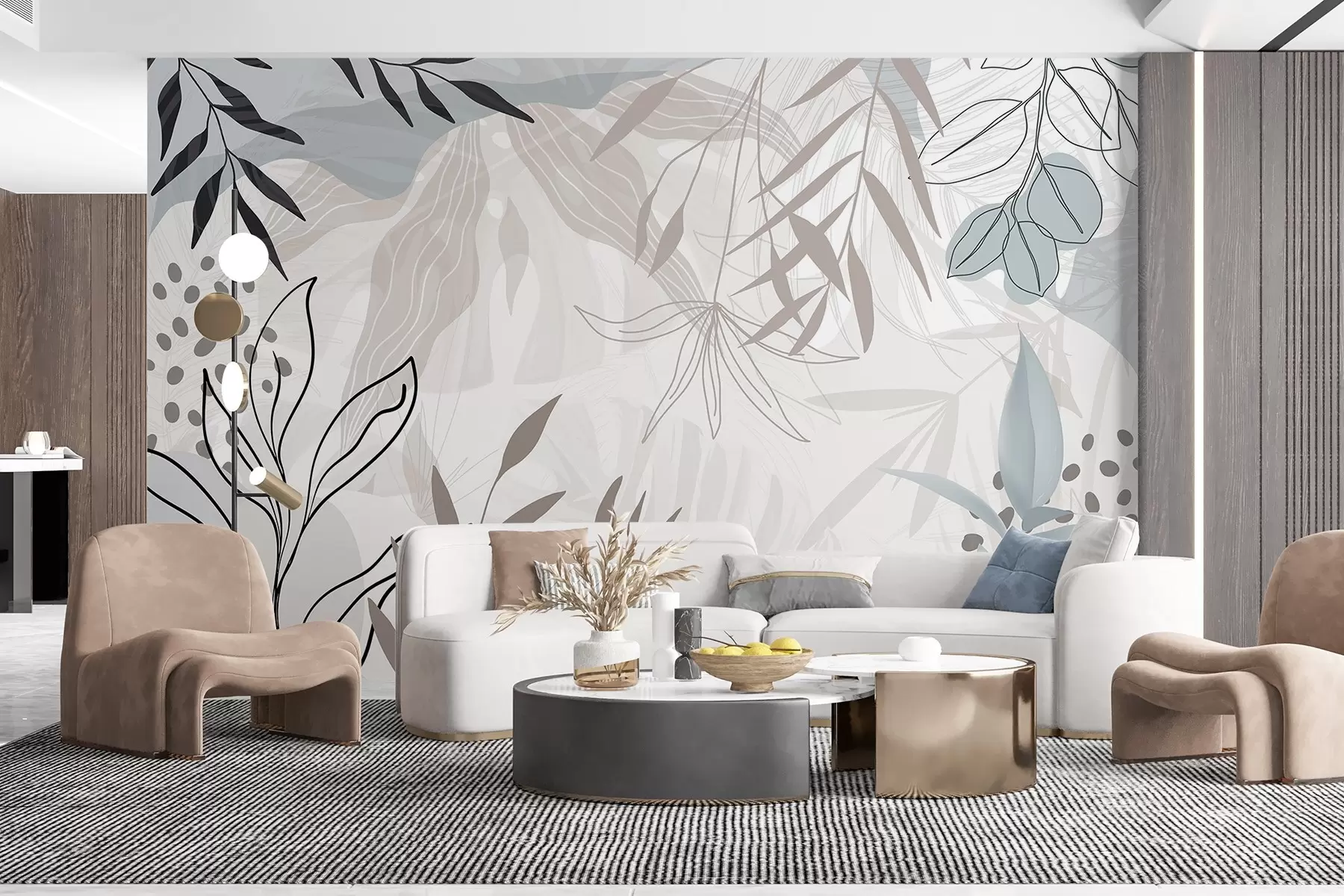 Fototapet Abstraktní květinový moderní design s pastelově béžovými, šedými, modrými a černými listy, jemnými čarami a měkkým pozadím  w09105