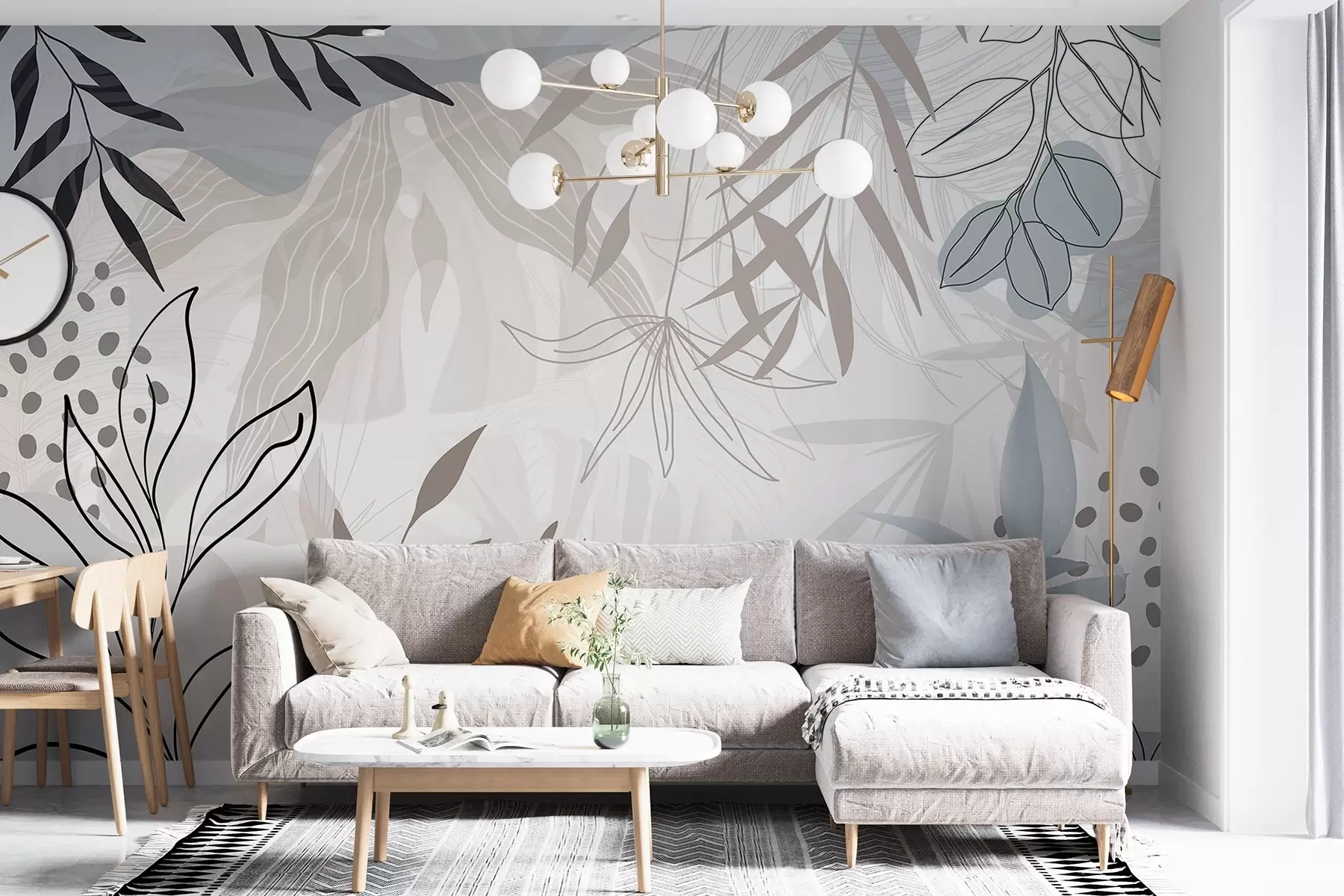 Fototapet Abstraktní květinový moderní design s pastelově béžovými, šedými, modrými a černými listy, jemnými čarami a měkkým pozadím  w09105
