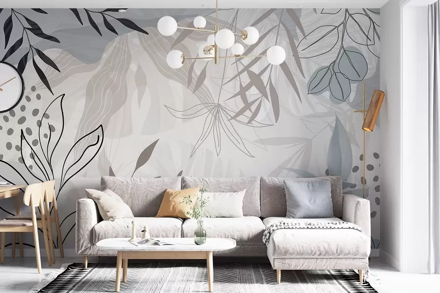 Fototapet Abstraktní květinový moderní design s pastelově béžovými, šedými, modrými a černými listy, jemnými čarami a měkkým pozadím  w09105