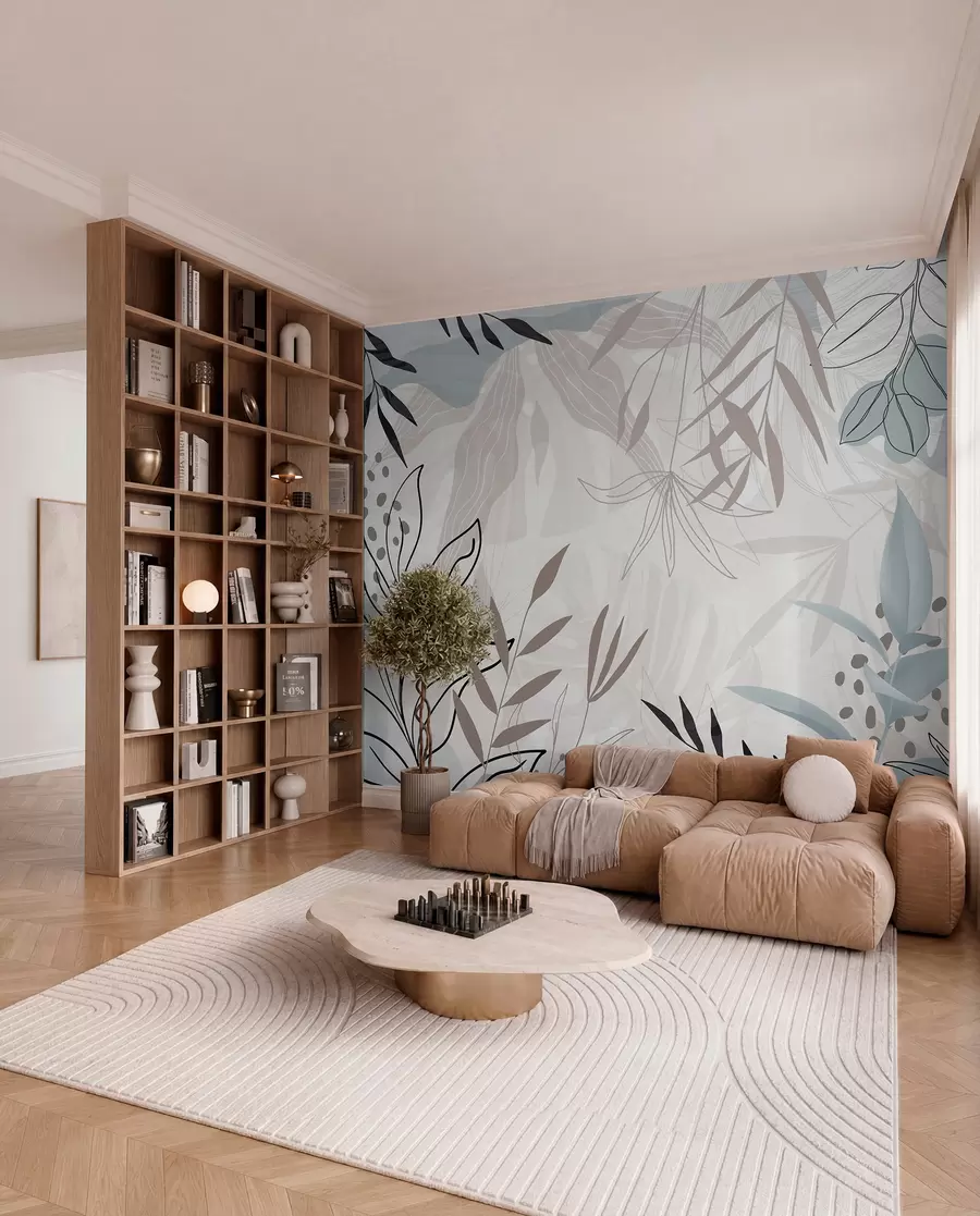 Fototapet Abstraktní květinový moderní design s pastelově béžovými, šedými, modrými a černými listy, jemnými čarami a měkkým pozadím  w09105
