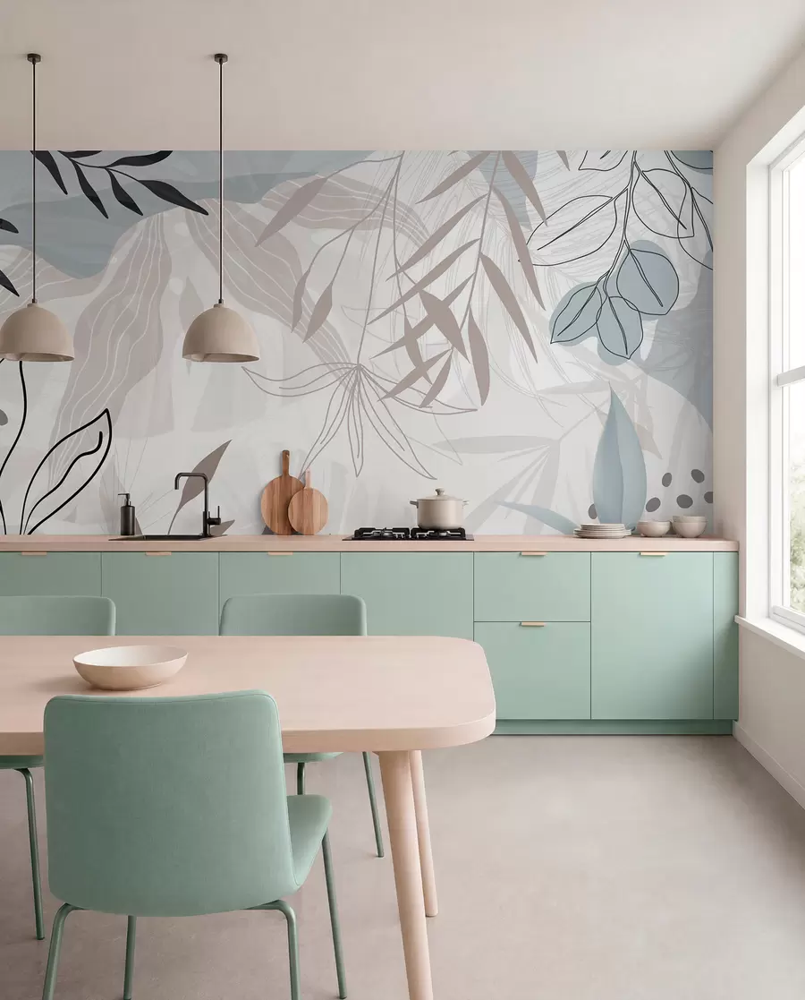 Fototapet Abstraktní květinový moderní design s pastelově béžovými, šedými, modrými a černými listy, jemnými čarami a měkkým pozadím  w09105