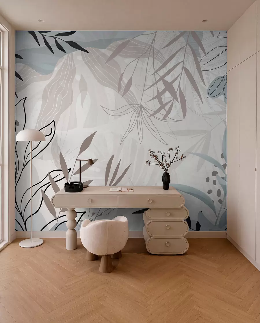 Fototapet Abstraktní květinový moderní design s pastelově béžovými, šedými, modrými a černými listy, jemnými čarami a měkkým pozadím  w09105