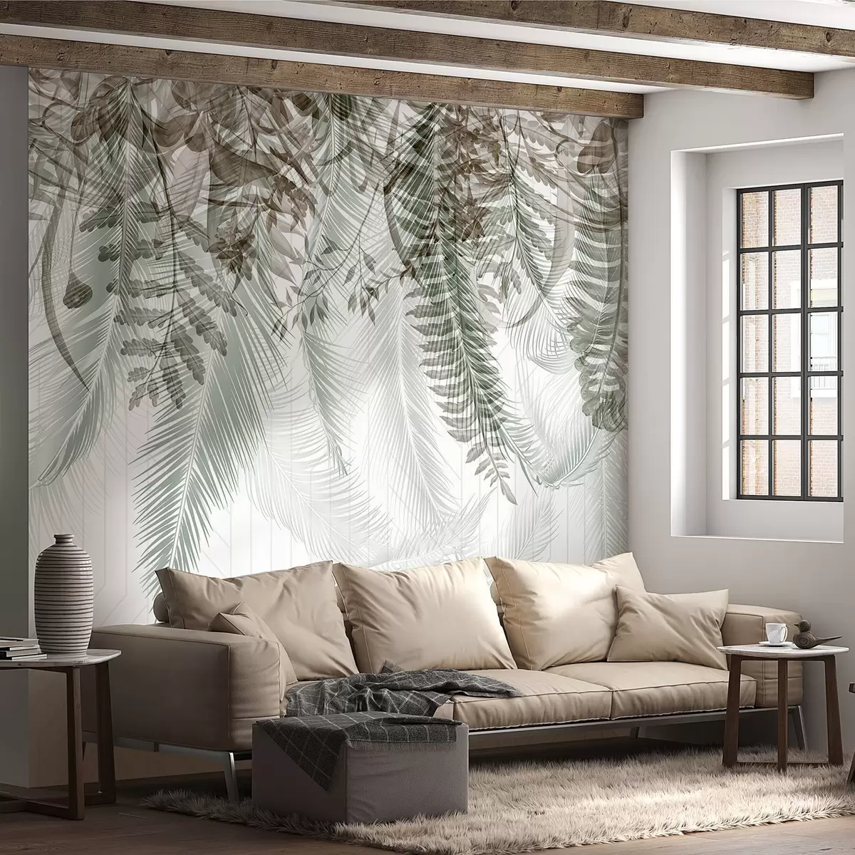 Fototapet Jemné padající tropické kapradí a palmové listy, geometrické pozadí, měkké světlo, tlumené barvy, elegance w09106v1