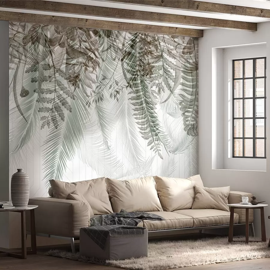 Fototapet Jemné padající tropické kapradí a palmové listy, geometrické pozadí, měkké světlo, tlumené barvy, elegance w09106v1