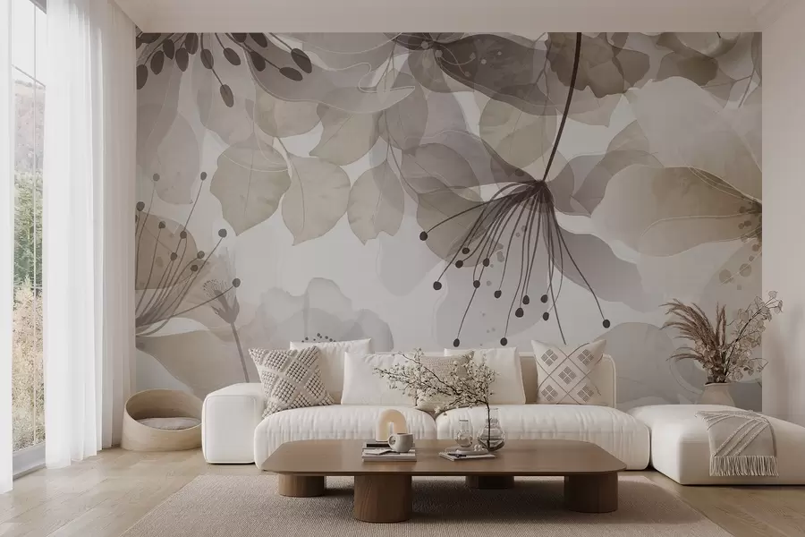 Fototapet Květy a listy v béžových barvách, průsvitné okvětní lístky a listy, jemný akvarelový efekt, jemné linie, bílé pozadí w09107v1