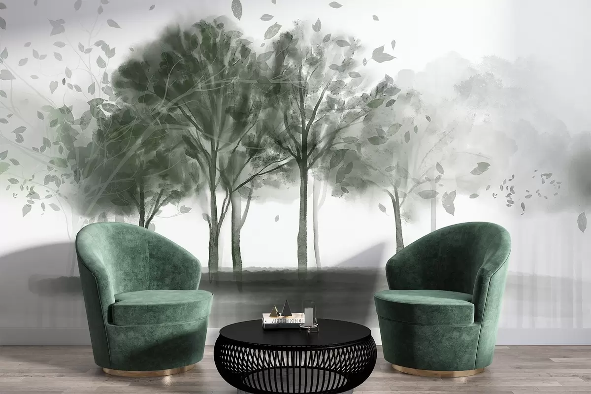 Fototapet Abstraktní krajina se stromy se zelenými listy odrážejícími se ve vodě, akvarel ve stylu textury w09109