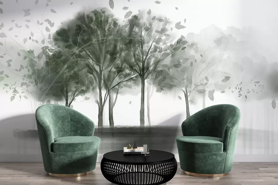 Fototapet Abstraktní krajina se stromy se zelenými listy odrážejícími se ve vodě, akvarel ve stylu textury w09109