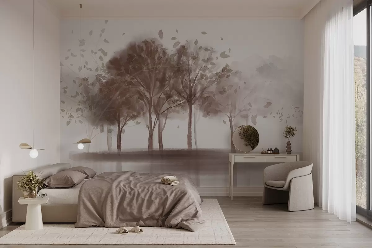 Fototapet Abstraktní krajina se stromy s hnědými listy odrážejícími se ve vodě, akvarel ve stylu textury w09109v1