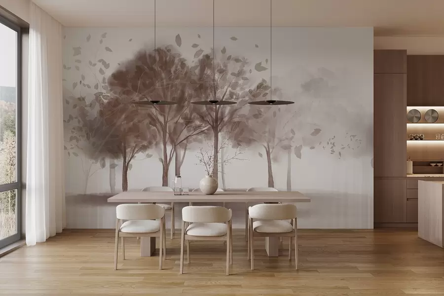 Fototapet Abstraktní krajina se stromy s hnědými listy odrážejícími se ve vodě, akvarel ve stylu textury w09109v1