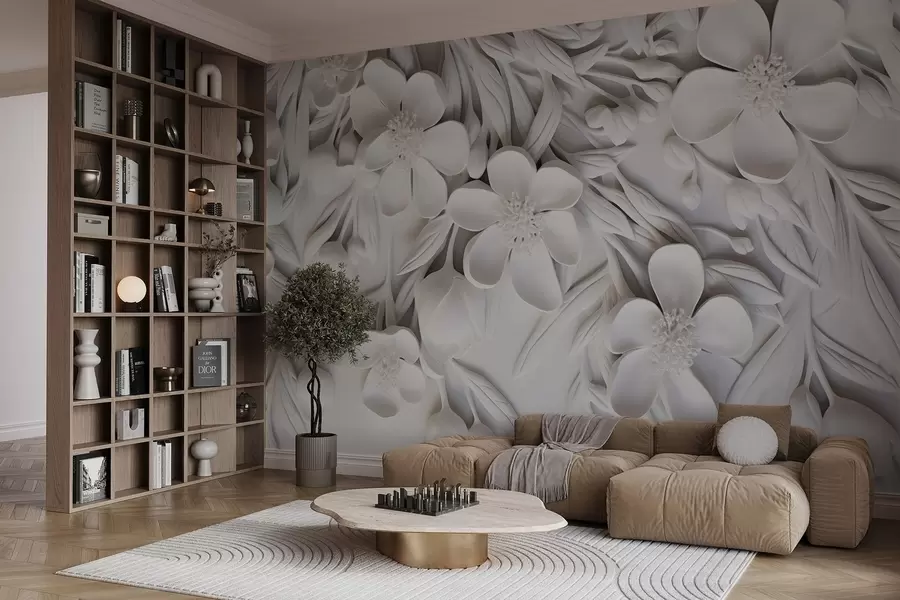 Fototapet Bílé květy a listy na bílém pozadí, květinový elegantní, dekorativní design, složité detaily w09113