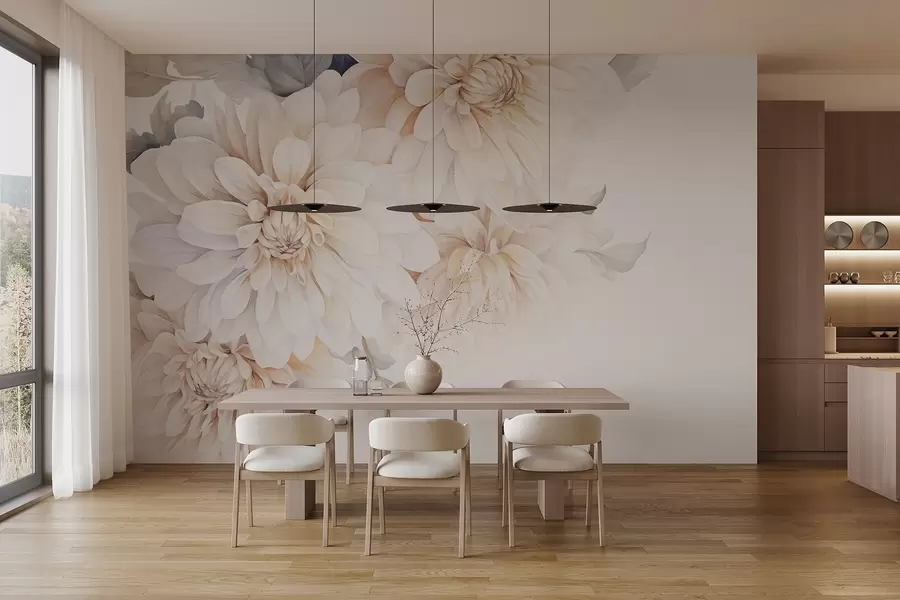 Fototapet Pastelové jiřiny s jemnými, delikátními broskvovými a bílými světlými okvětními lístky v akvarelovém stylu, měkké pozadí w09115