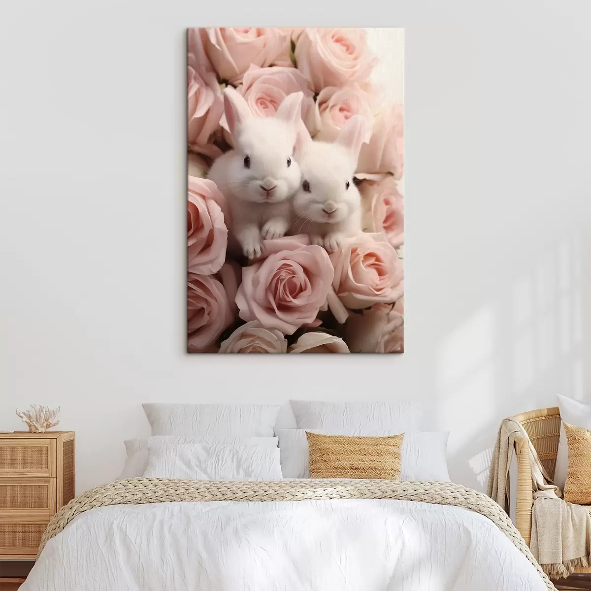 Obraz Dva bílí králíci v jemných květech růží Č. s44380