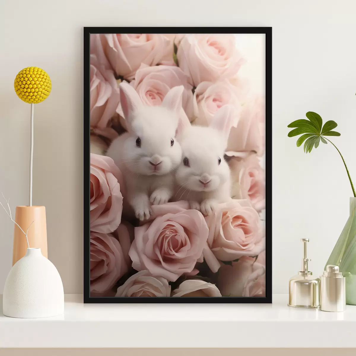 Poster Dva bílí králíci v jemných květech růží f44380