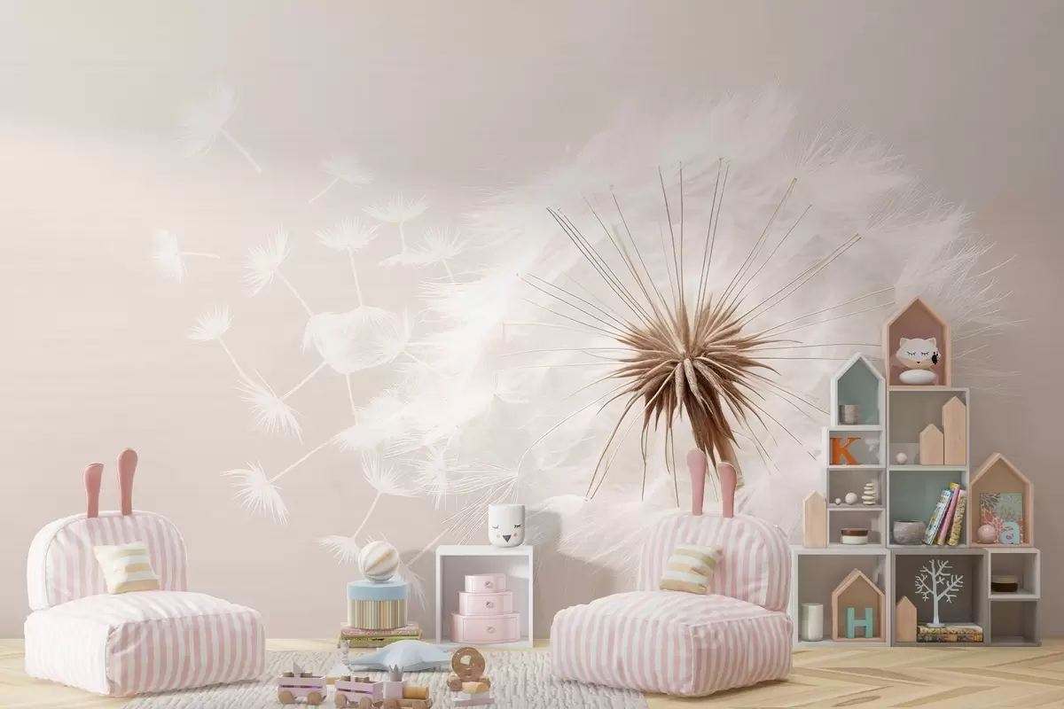 Fototapet Moderní měkká květinová kompozice s plně rozkvetlou hlavičkou pampelišky a plovoucími semínky, na pozadí jemné textilní textury w03939