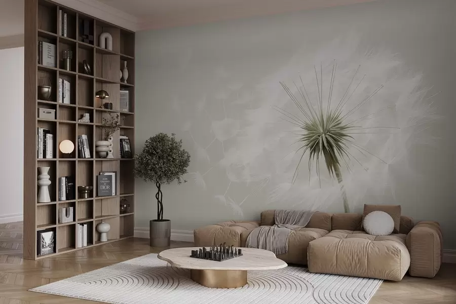 Fototapet Moderní měkká květinová kompozice s plně rozkvetlou hlavičkou pampelišky a plovoucími semínky, na pozadí jemné textilní textury w03939v1