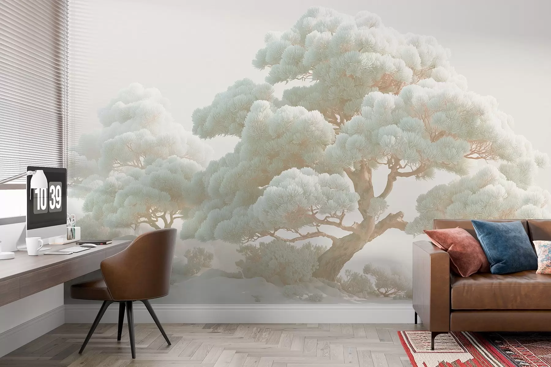 Fototapet Borovice v mlze v jemných tónech stojící v lese w09122