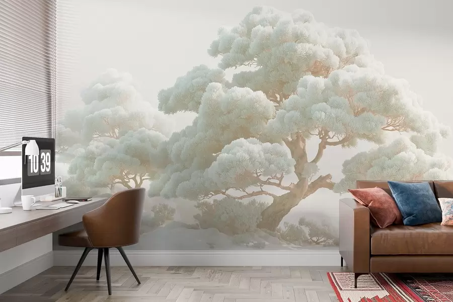 Fototapet Borovice v mlze v jemných tónech stojící v lese w09122