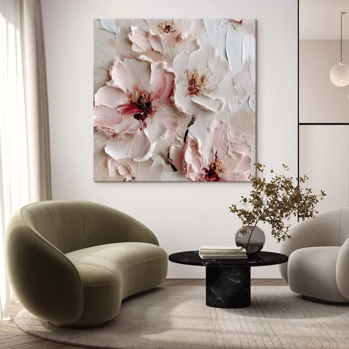 Obraz Květiny s imitací ve stylu impasto v růžových a bílých tazích Č. s44333