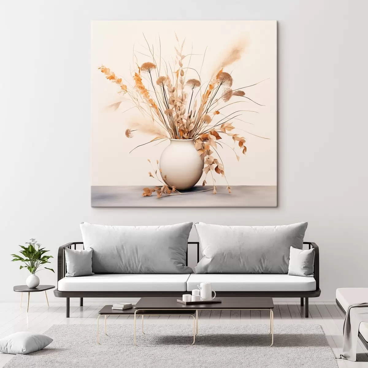 Obraz Aranžmá ze sušených travin a květin v bílé váze Č. s44348