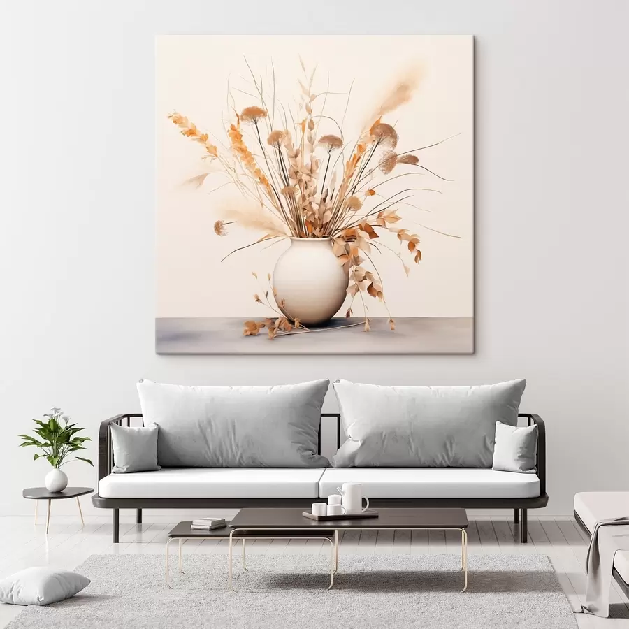 Obraz Aranžmá ze sušených travin a květin v bílé váze Č. s44348