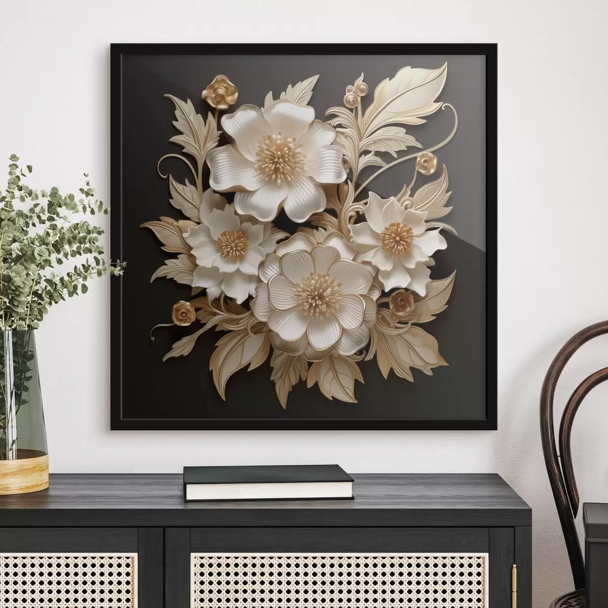Poster Objemné bílé květy na černém pozadí f44340