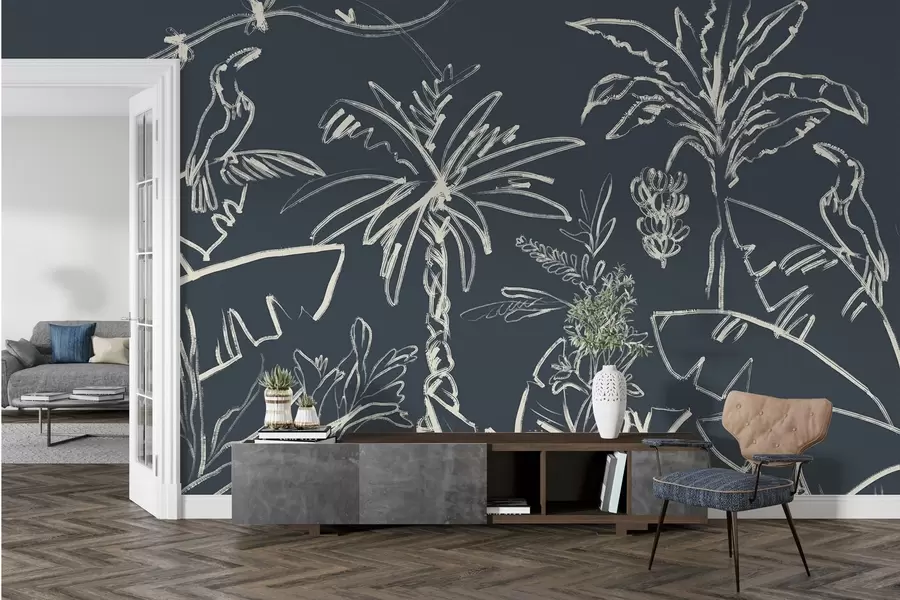 Fototapet Tropický vzor na tmavě modrém pozadí, palmy, banány w04020v4