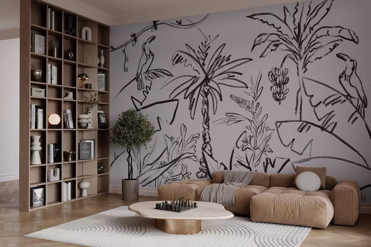 Fototapet Tropický vzor v černé barvě, palmy, banány, obrysová grafika w04020v7