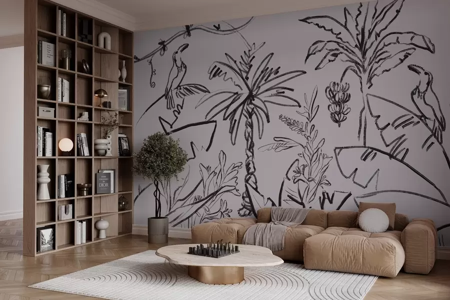 Fototapet Tropický vzor v černé barvě, palmy, banány, obrysová grafika w04020v7