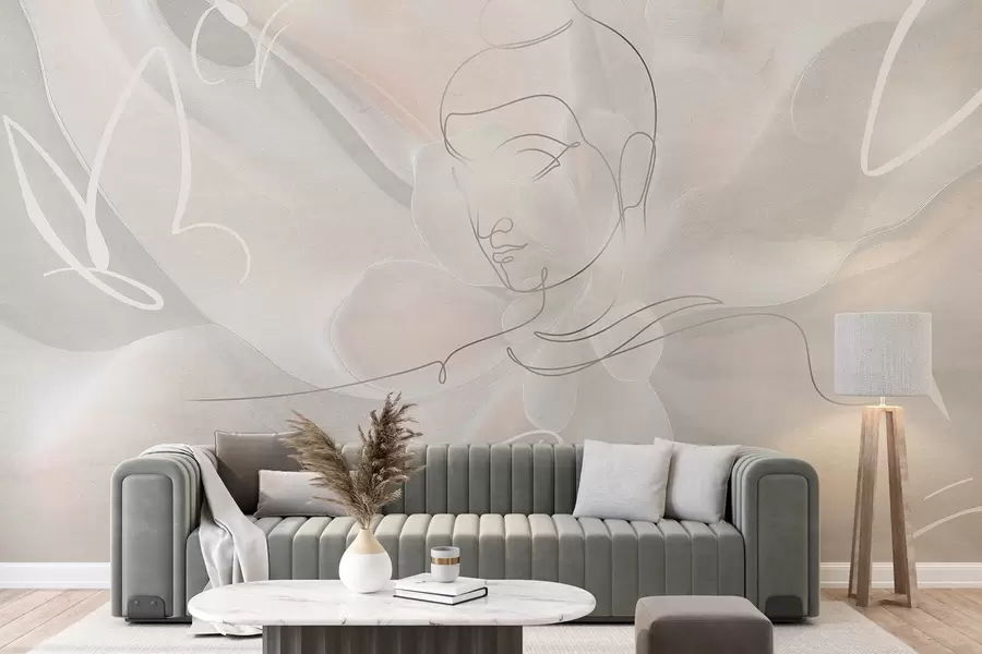 Fototapet Květinová abstrakce s kresbou Buddhy, béžové barvy w04004