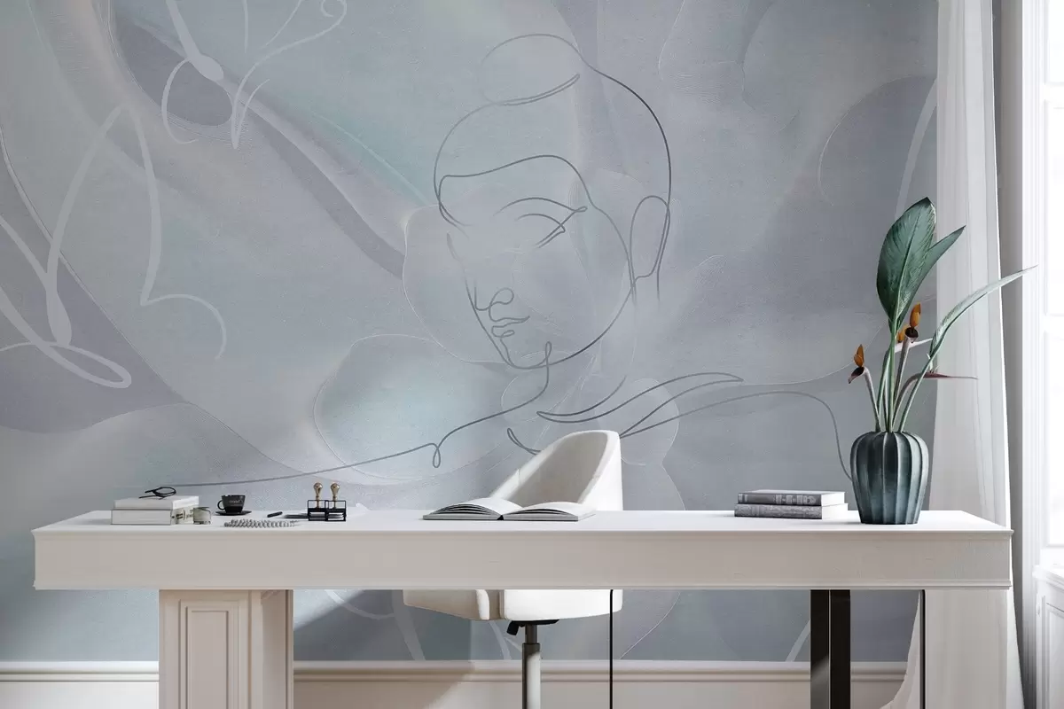 Fototapet Květinová abstrakce s kresbou Buddhy, modré barvy w04004v1