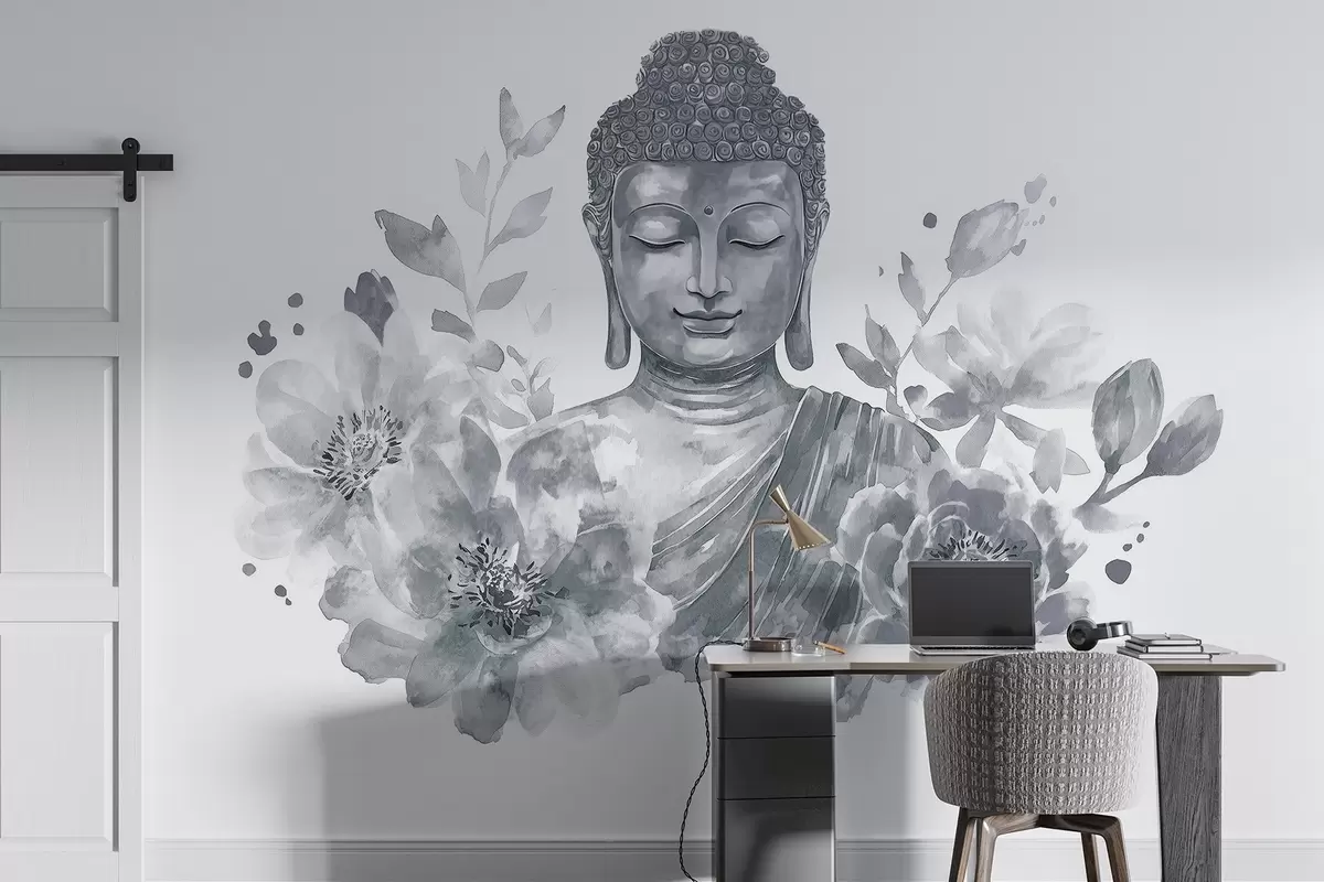 Fototapet Akvarel Buddha s květinami, duchovní, šedá paleta barev  w04005v1