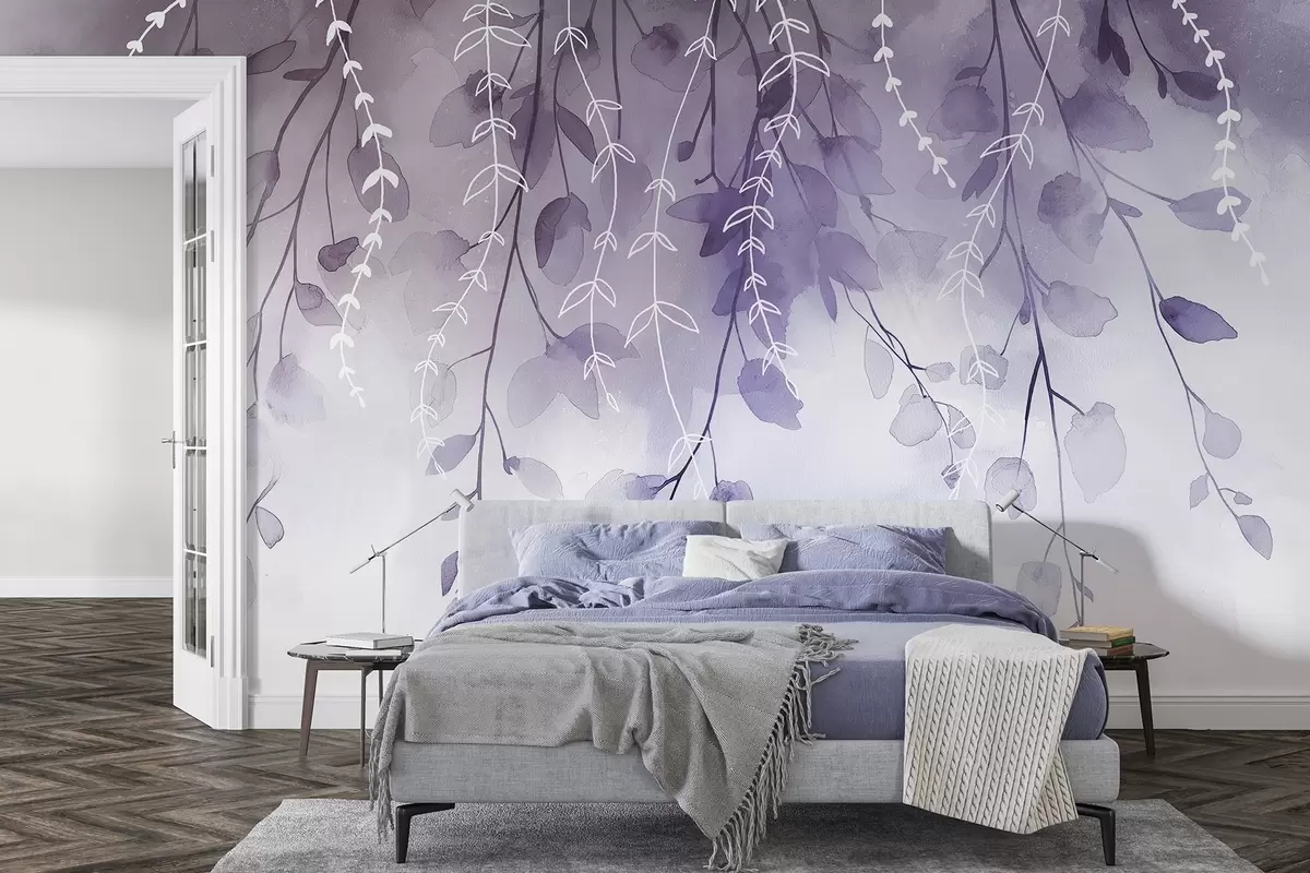 Fototapet Větve s listy v akvarelovém stylu, přírodní fialové barvy w04007v2