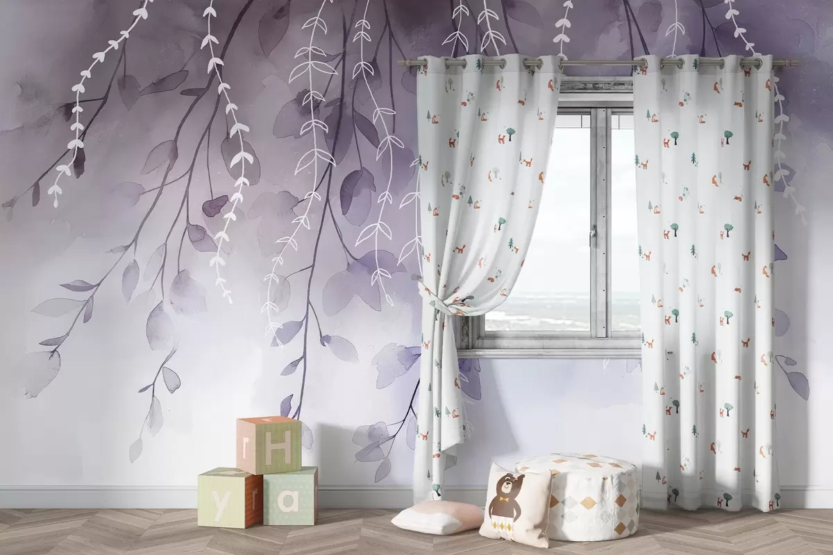 Fototapet Větve s listy v akvarelovém stylu, přírodní fialové barvy w04007v2