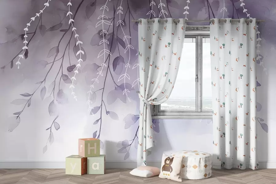 Fototapet Větve s listy v akvarelovém stylu, přírodní fialové barvy w04007v2