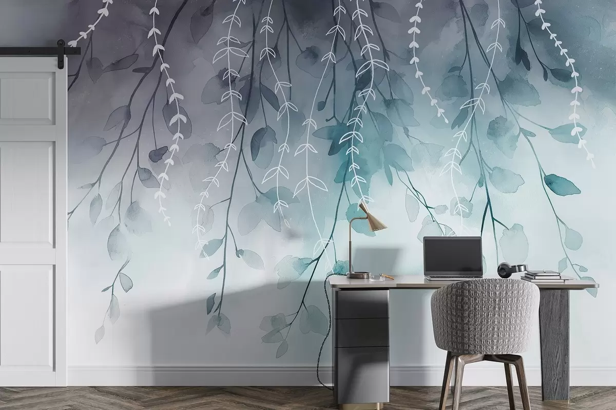 Fototapet Větve s listy v akvarelovém stylu, přírodní akvamarínové barvy w04007v3