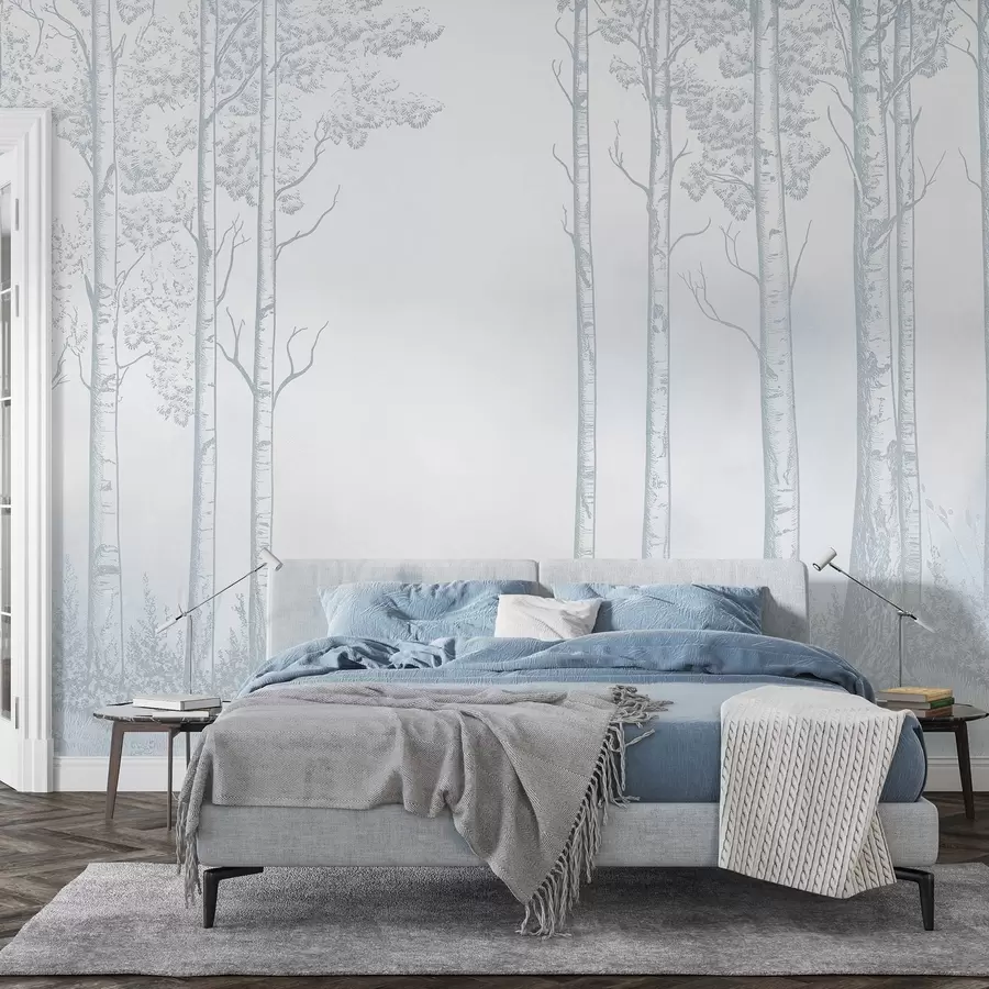 Obraz Les s břízami, minimalismus, příroda, modrá paleta barev  Č. w04009