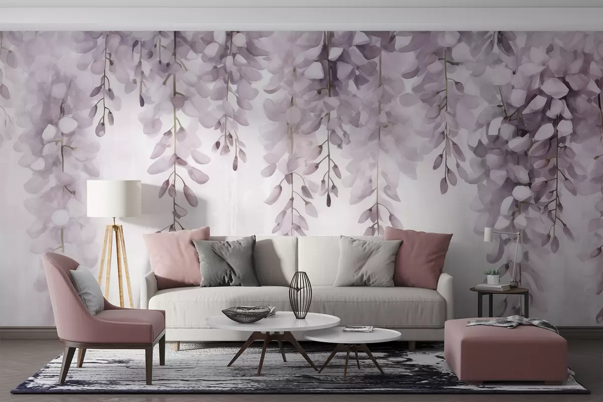 Fototapet Akvarelová scéna s jemnou lila vistárií, která se kaskádovitě snáší shora a evokuje klid a čistotu ranního oparu w04034v3