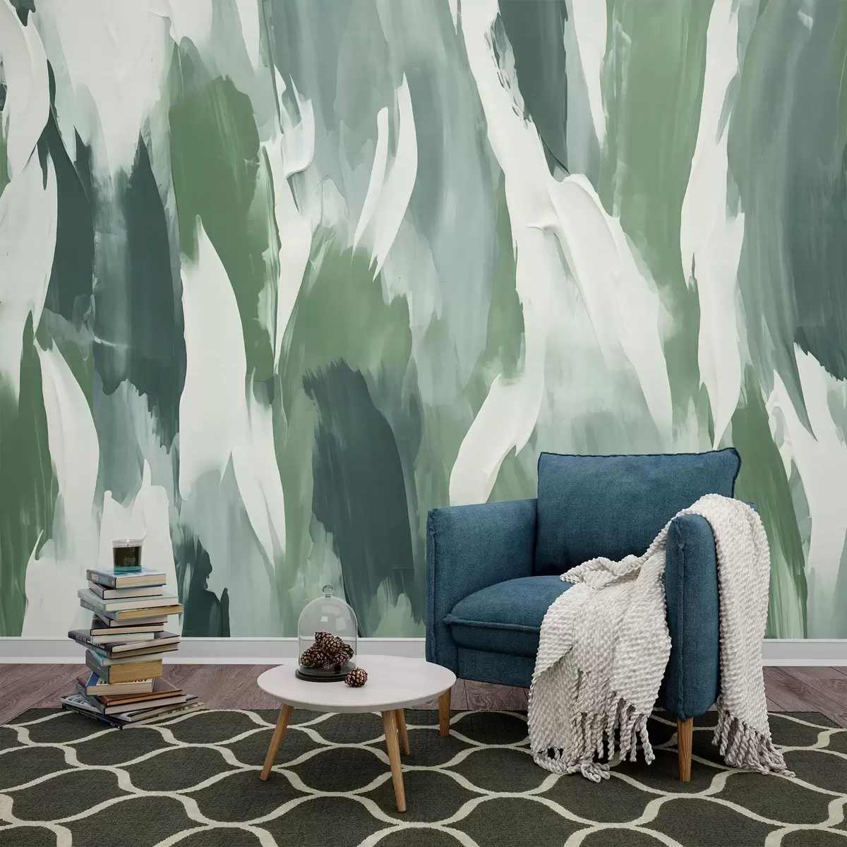 Fototapet Abstraktní textura odvážných zelených a krémových tahů štětcem, která evokuje rytmus větrem rozfoukaného listí a organický pohyb w04035