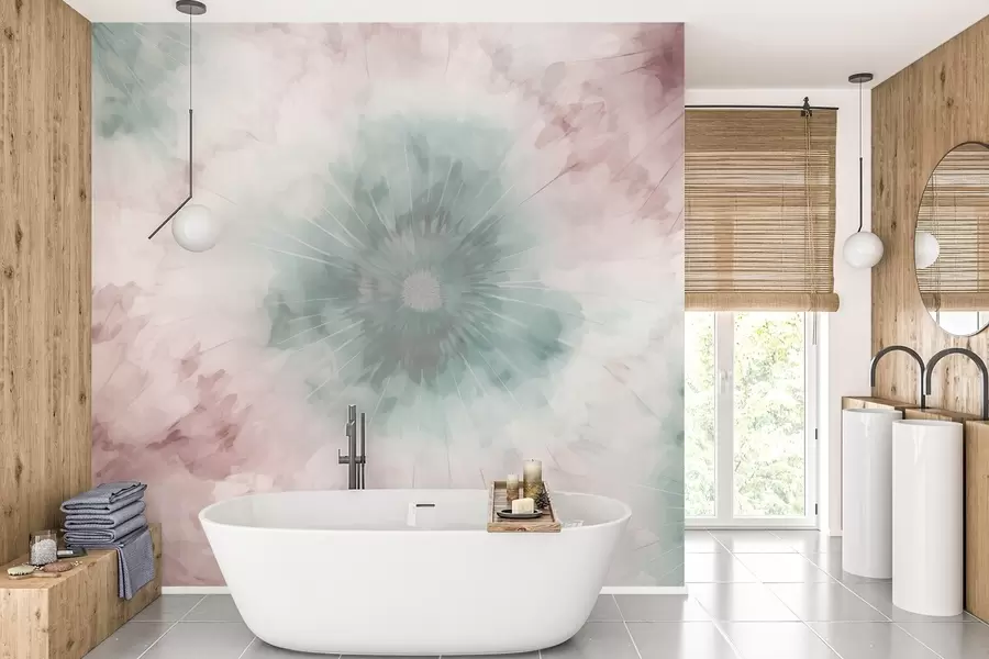 Fototapet Akvarelový radiální vzor prolínající se s mlhavou zelení a prašnou růžovou, který evokuje jemnost ranní rosy a první závan dne w04036v2