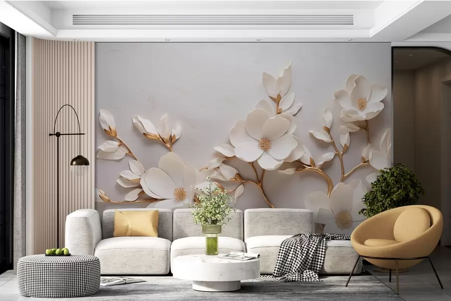 Fototapet Elegantní reliéfní květy s jemnými stonky vytvářejí klidnou, harmonickou scénu w04039