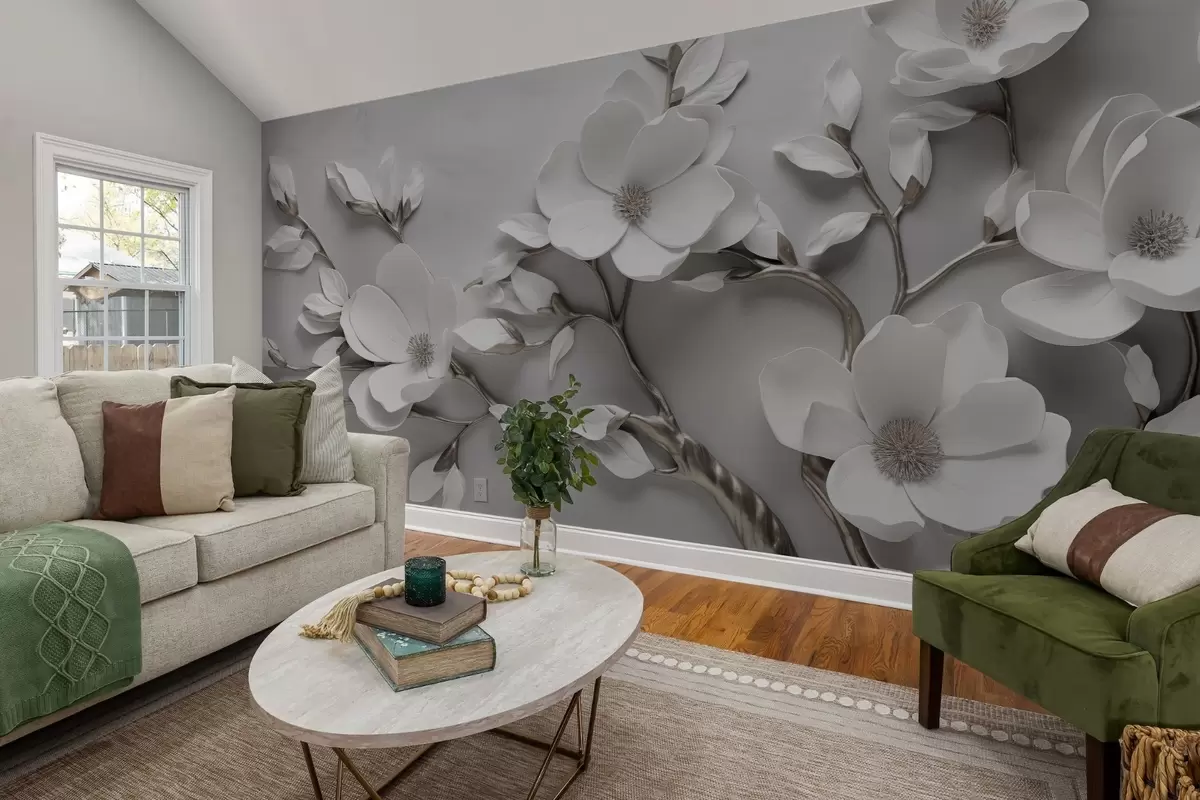 Fototapet Rozměrná květinová větev v čistě bílé barvě a neutrálních tónech w04039v2