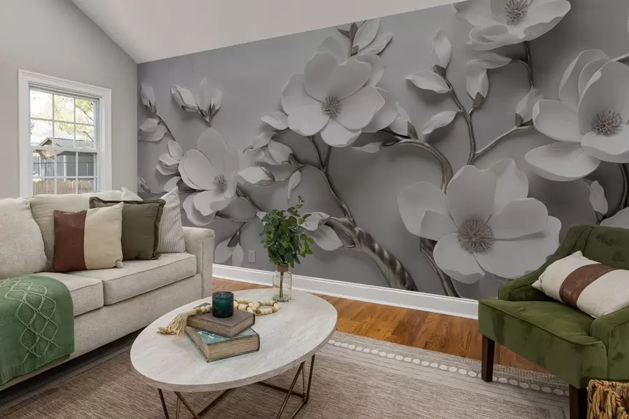 Fototapet Rozměrná květinová větev v čistě bílé barvě a neutrálních tónech w04039v2