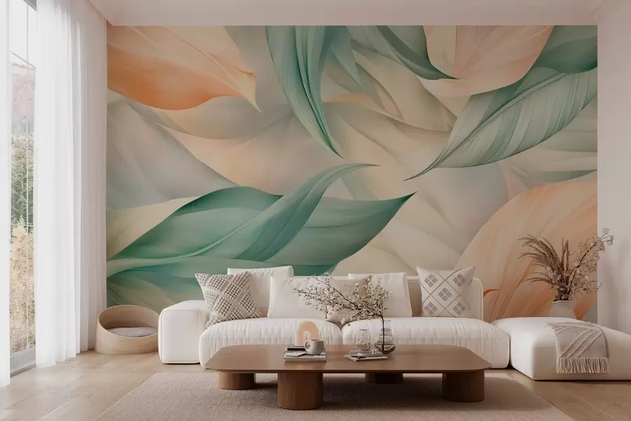 Fototapet exotické tropické listy v jemných broskvových a zelených tónech w03962