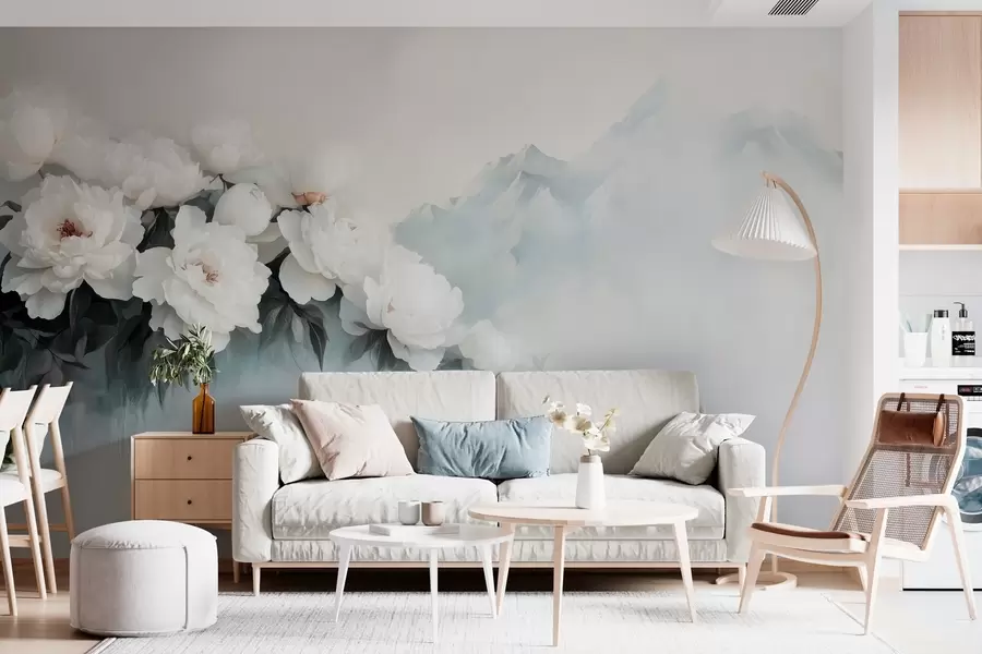 Fototapet malebné svěží bílé pivoňky na pozadí mlžných hor w03965