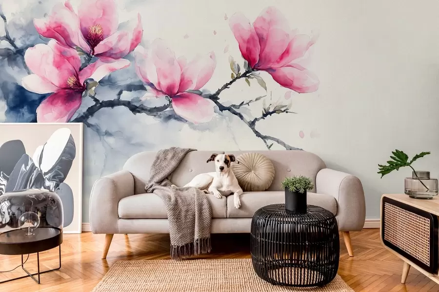 Fototapet kvetoucí větev růžové magnólie na pozadí v barvě slonové kosti w04027