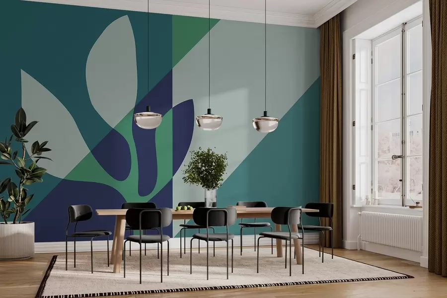 Fototapet abstraktní grafická rostlina na pozadí geometrie v modrých tónech w04028v1