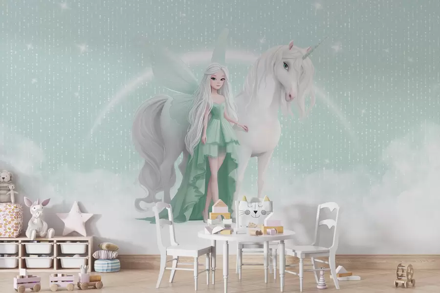 Fototapet Víla s jednorožcem mezi mraky w03527v2