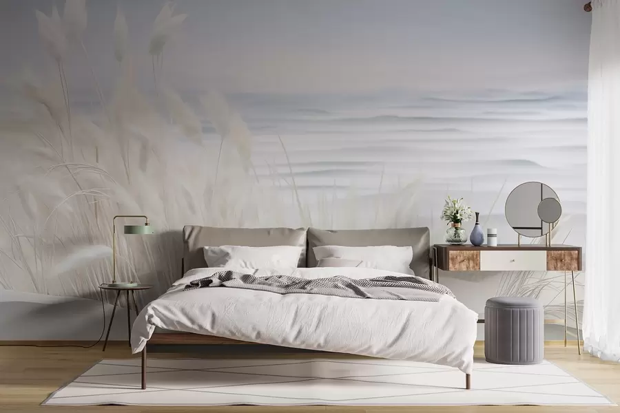 Fototapet Krajina s bílou pampovou trávou na písečné duně, se světle modrým oceánem v pozadí, jemný, minimalistický styl w09132